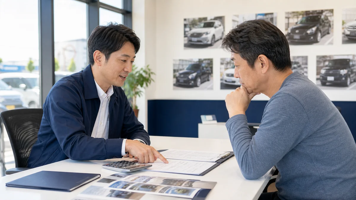 ナニワオート店内での自社ローン相談シーン